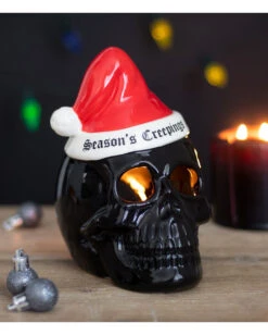 Schwarzer Totenkopf Mit Nikolausmütze Teelichthalter -Spooky Fun Günstiges Geschäft schwarzer totenkopf mit nikolausmuetze black skull with santa hat gothic deko weihnachtsdeko 54280 05