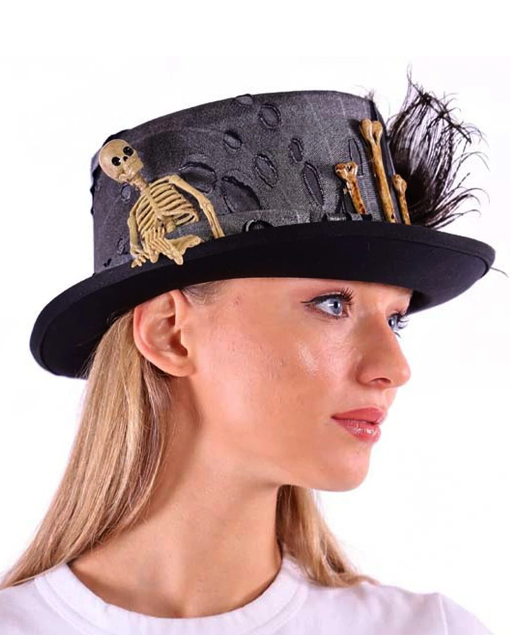 Schwarzer Voodoo Hut Mit Feder Und Skelett 3 Schwarzer Voodoo Hut Mit Feder Und Skelett – Bild 3